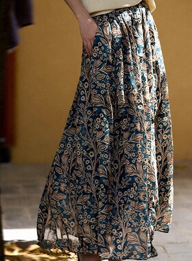 步履生香 前后开叉苎麻半身裙印花A字大摆碎花长裙子2025夏季女装