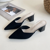 女夏外穿绒面尖头粗跟高跟鞋 凉拖鞋 小码 浅口穆勒鞋 33码 包头半拖鞋