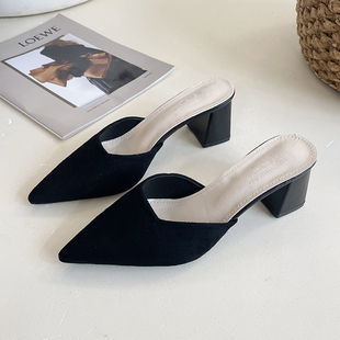 女夏外穿绒面尖头粗跟高跟鞋 凉拖鞋 小码 浅口穆勒鞋 33码 包头半拖鞋