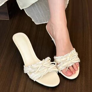 公主风试衣间凉拖鞋 夏季 一字拖外穿蝴蝶结花边露趾小跟细跟高跟鞋