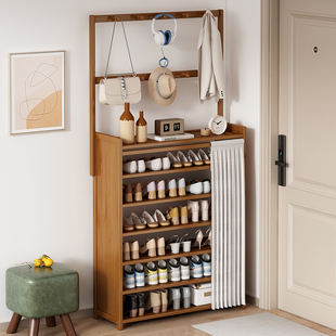 鞋架一体挂衣架家用落地卧室衣帽架入户门收纳柜分隔层鞋柜置物架