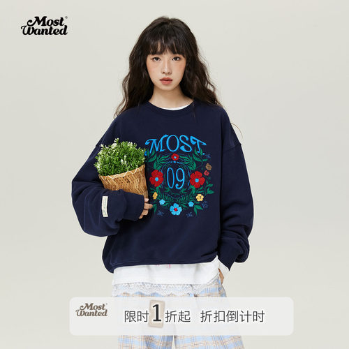 mostwanted 小花水彩印绣花情侣圆领加绒卫衣女2026春季新款