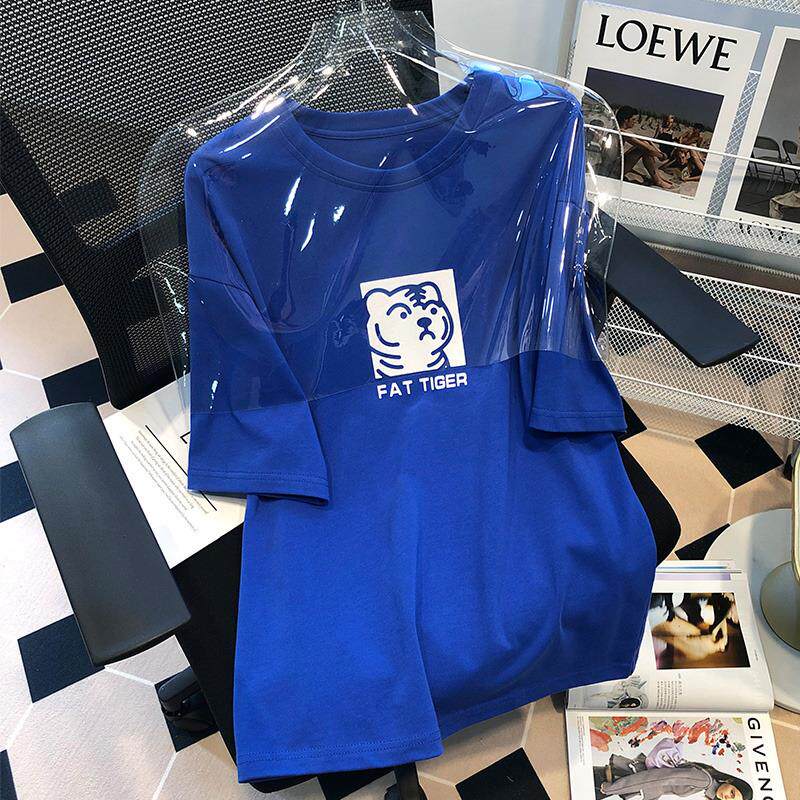 통관 카운터에서 유명 정통 제품의 마지막 주문을 철회했습니다 아메리칸 레트로 클라인 블루 문자 프린트 티셔츠 여성용