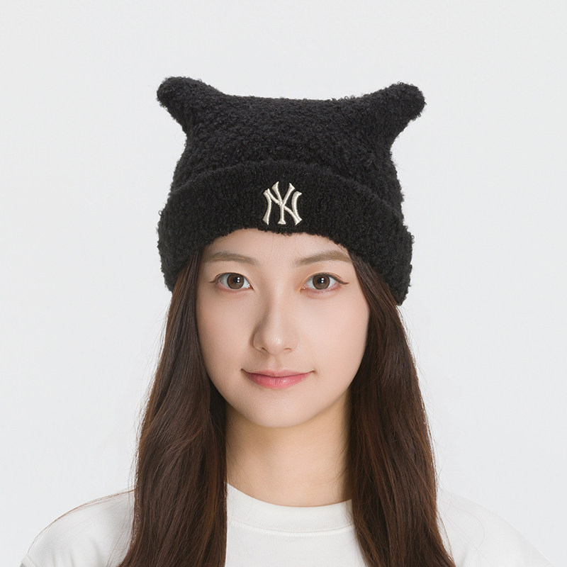 MLB刺绣LOGO男女童绒线帽猫耳猫