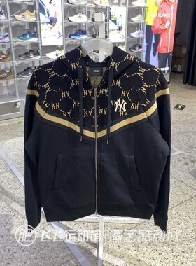 新款正品MLB老花满印连拼接帽时尚男女运动休闲针织夹克外套ATRM