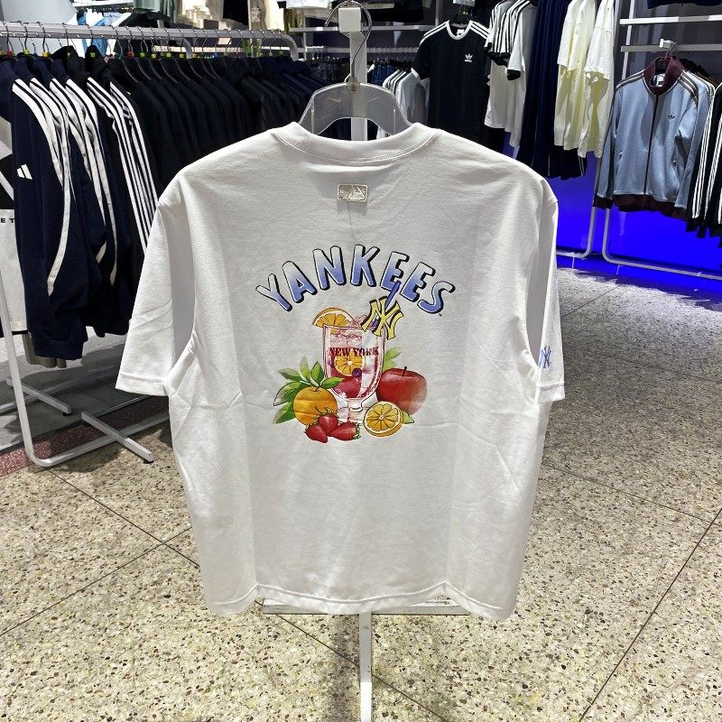 正品新款MLB大标字母水果图案时尚圆领男女情侣运动休闲半短袖T恤