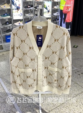 新款正品MLB老花满印保暖时尚男女运动休闲针织开衫外套AKCM