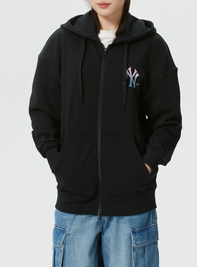 正品新款MLB字母图案LOGO连帽男女情侣运动休闲针织夹克外套3ATRB