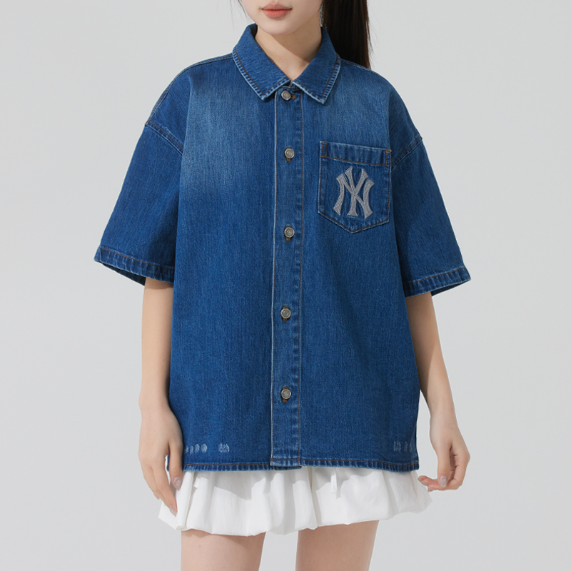 2025夏正品新款MLB翻领时尚百搭男女运动休闲短袖衬衫外套ADRB