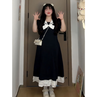 大码学院风甜美短袖连衣裙显瘦遮肚微胖MM夏天水手服收腰a字裙子