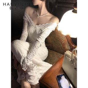 鱼尾长裙 优雅气质修身 名媛风纯欲蕾丝一字肩长袖 连衣裙女冬法式