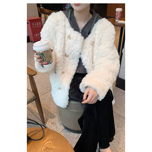 小香风刷花兔毛外套女2026冬季新款小个子宽松加棉毛毛上衣棉服