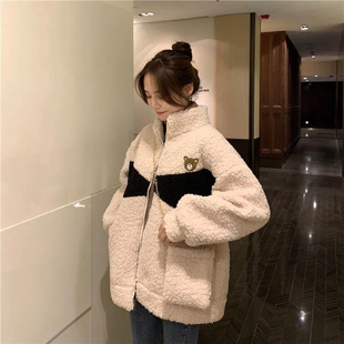 仿羊羔毛加绒小熊棉服外套女2024年新款冬季宽松立领保暖棉衣ins