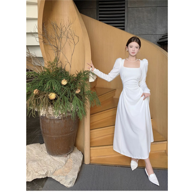 白色长袖连衣裙子女春秋2025夏新款小个子法式高级感初恋收腰长裙