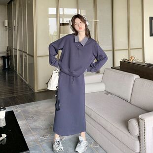 大码女装胖mm韩版翻领假两件长袖卫衣+半身裙秋季显瘦时尚套装