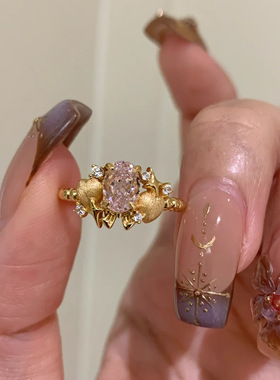 中古宫廷风粉色鸽子蛋爱心拉丝戒指女开口可调节轻奢个性新品手饰