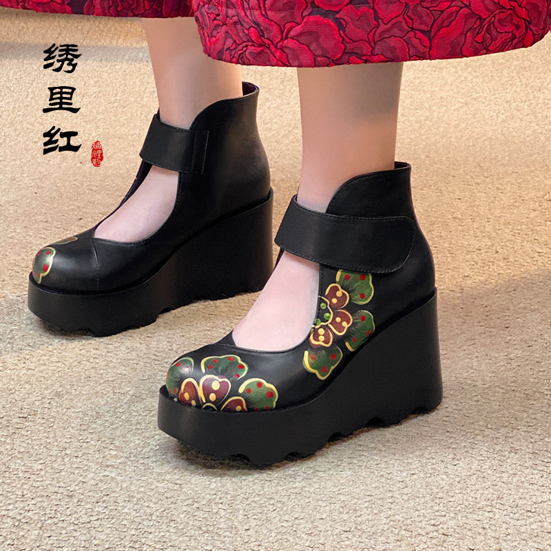 绣里红【青棠】国风手工彩绘真皮浅口单鞋