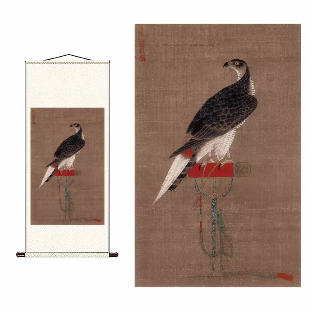 元 李泽 架上鹰图绢本设色老鹰工笔画高清数字微喷复制临摹范本