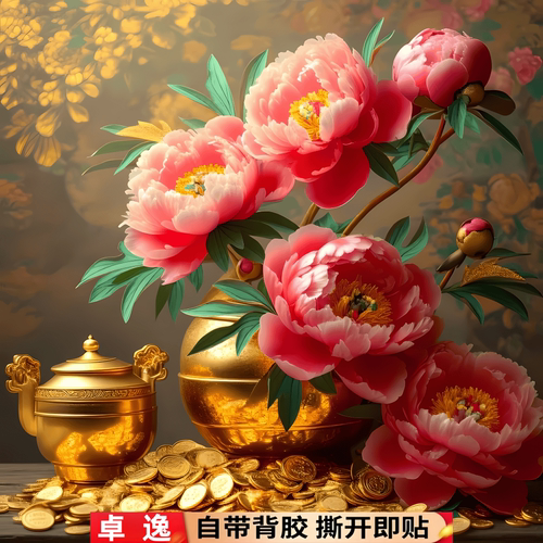 唯美富丽堂皇雍容华贵牡丹招财贴纸客厅入户玄关店铺墙上装饰贴纸