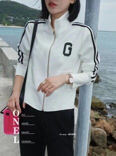 欧洲站2022早春新款立领条纹太空棉显瘦运动开衫棒球服短外套女