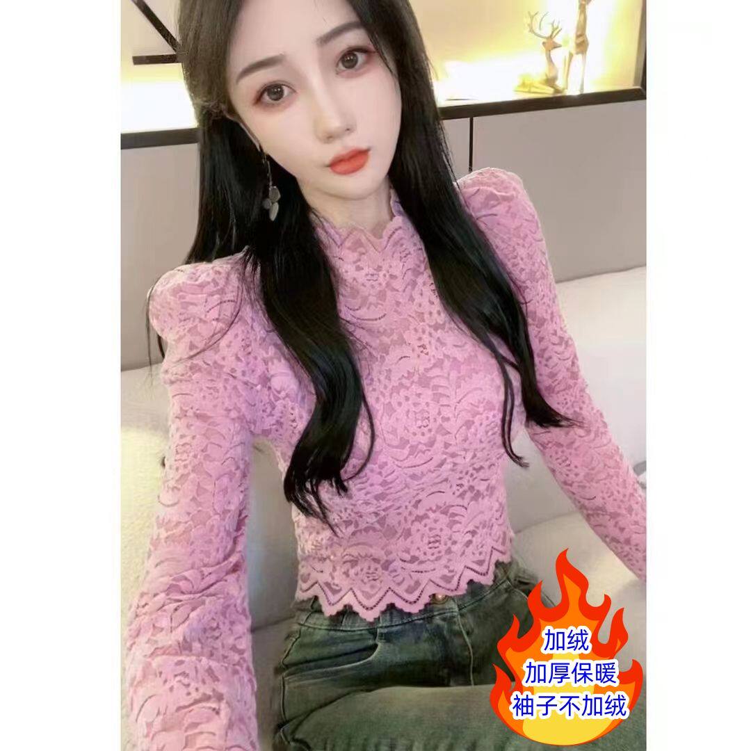 韩版洋气花边v领长袖蕾丝衫女秋季新款小众百搭套头泡泡袖上衣ins