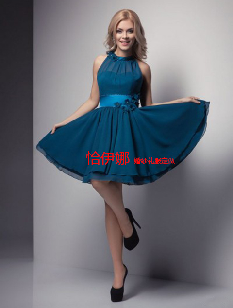 款雪纺钉珠手工花舞会女士礼服酒会伴娘短裙姐妹服装
