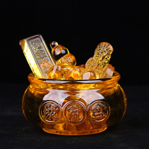 黄水晶聚宝盆摆件琉璃元宝金黄色招财家居桌面摆设乔迁礼品开业