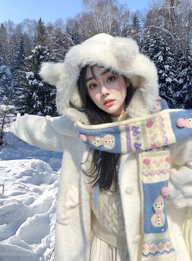白色小熊 甜美学院风设计感毛呢外套秋冬新款氛围感中长呢子大衣