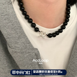 accloop 银色爱心碱水结黑玛瑙项链手工串珠叠戴韩风圆珠锁骨链女