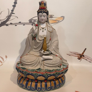推荐杨柳枝莲花观音菩萨坐像中式石湾公仔陶瓷客厅玄关神龛摆件