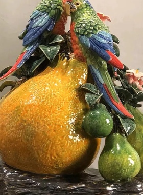 中式玄关摆件石湾陶瓷柚子鹦鹉