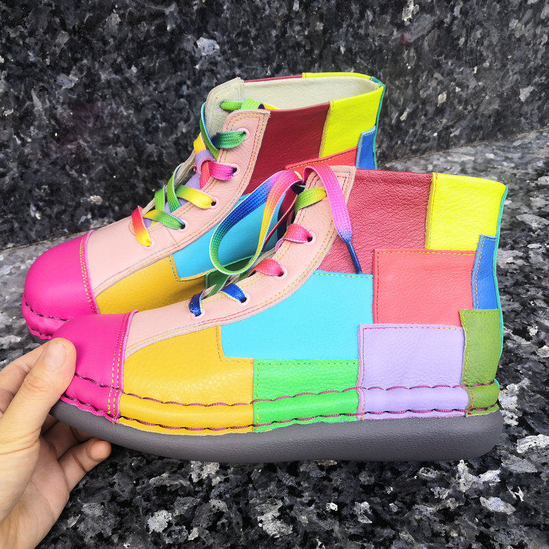 2022新款时尚牛皮真皮彩虹女短靴 彩色拼色厚底绑带高帮鞋 包邮