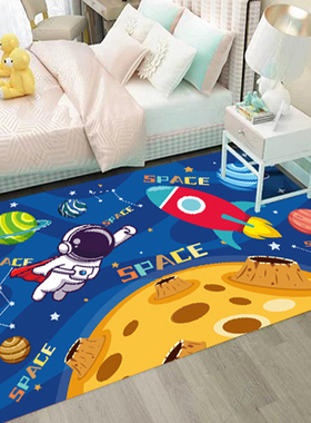 卡通太空火箭主题床边毯儿童房卧室客厅星空宇宙蓝色男孩床尾地毯