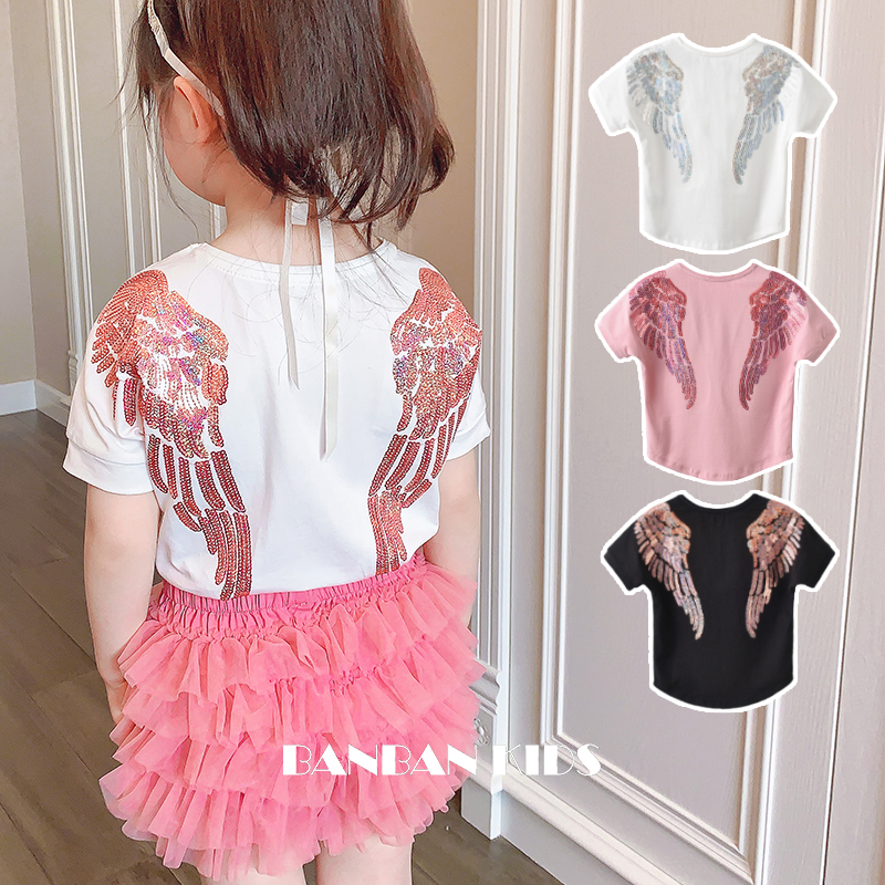 女童天使翅膀短袖T恤可爱亮片
