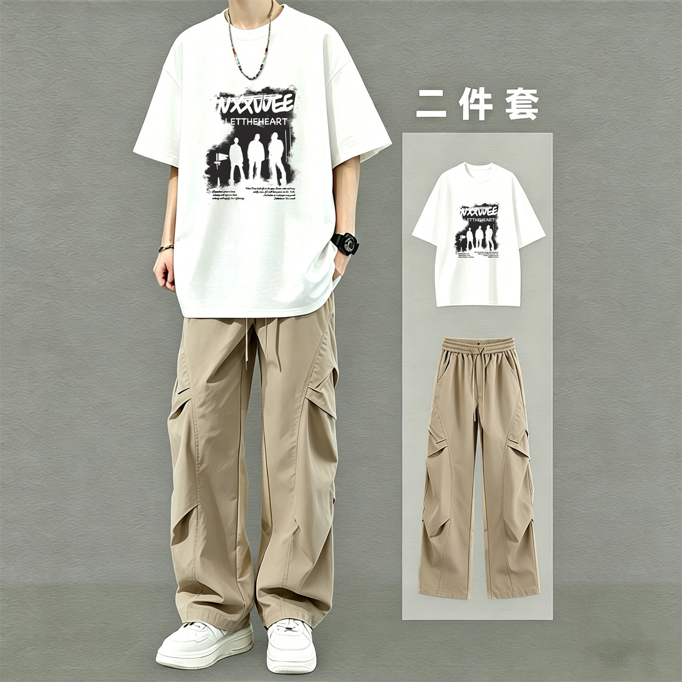 帅气夏季纯棉短袖T恤套装男青少年潮流酷帅夏天休闲工装裤两件套