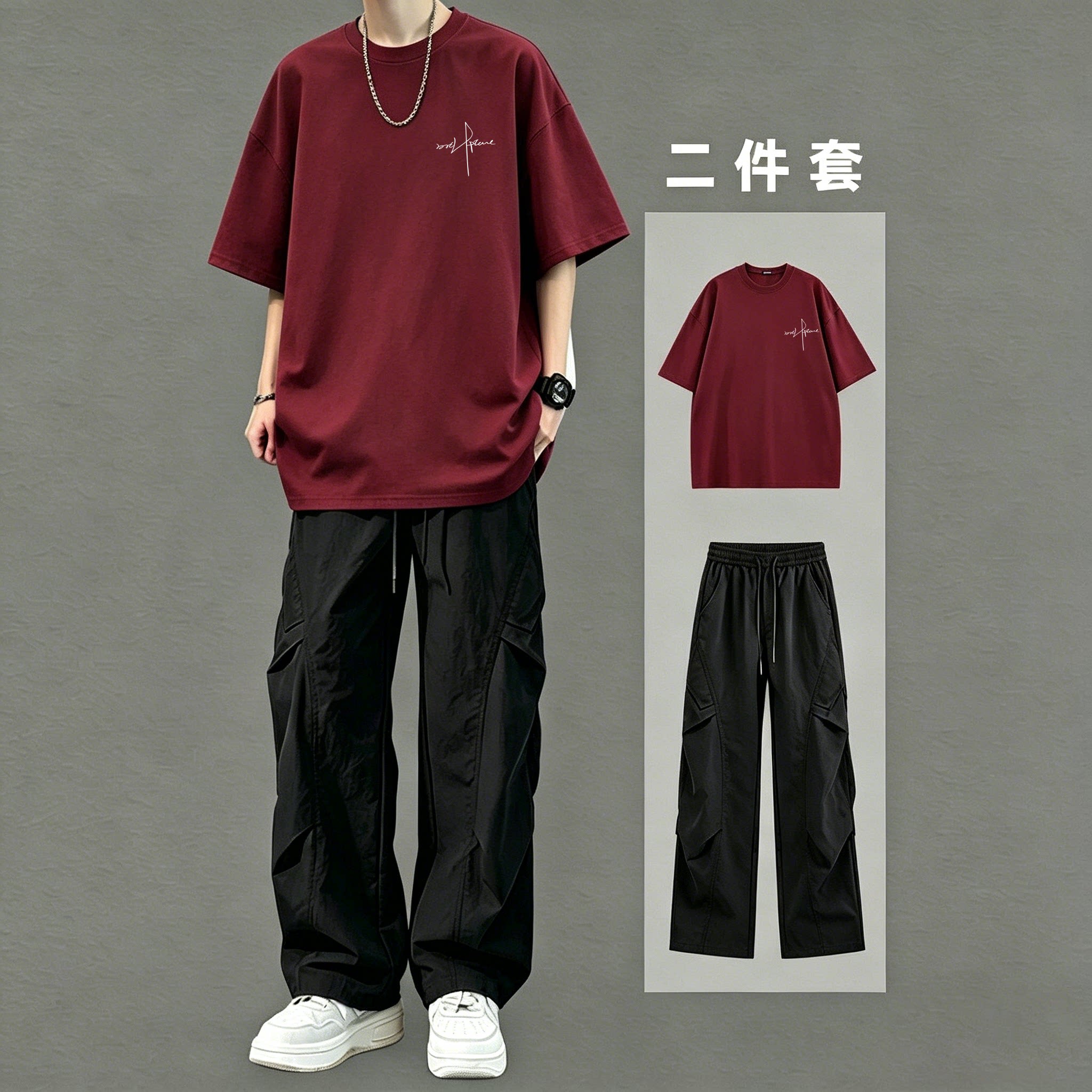 帅气夏季套装男纯棉短袖T恤两件套青少年潮流酷帅夏天休闲工装裤