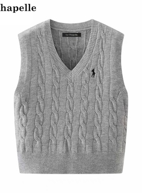 拉夏贝尔   灰色毛衣马甲女针织背心外搭纯色春秋款马夹坎肩