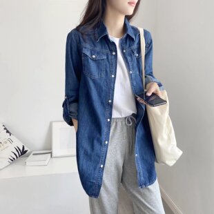 拉夏贝尔 中长款牛仔衬衫女春宽松显瘦叠穿内搭长袖衬衣外套上衣