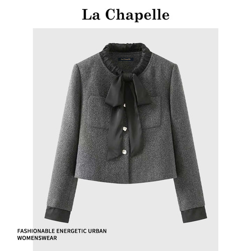 拉夏贝尔小香风蝴蝶结夹棉短外套