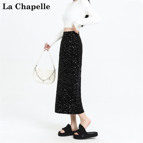 拉夏贝尔高级感亮片丝绒半身裙