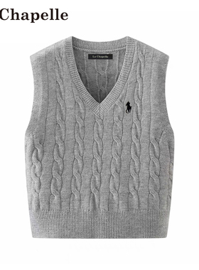 拉夏贝尔   灰色毛衣马甲女春秋针织背心外搭纯色秋冬款马夹坎肩