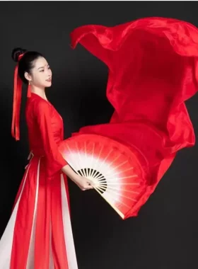 真丝古典舞长绸扇中大红渐变长