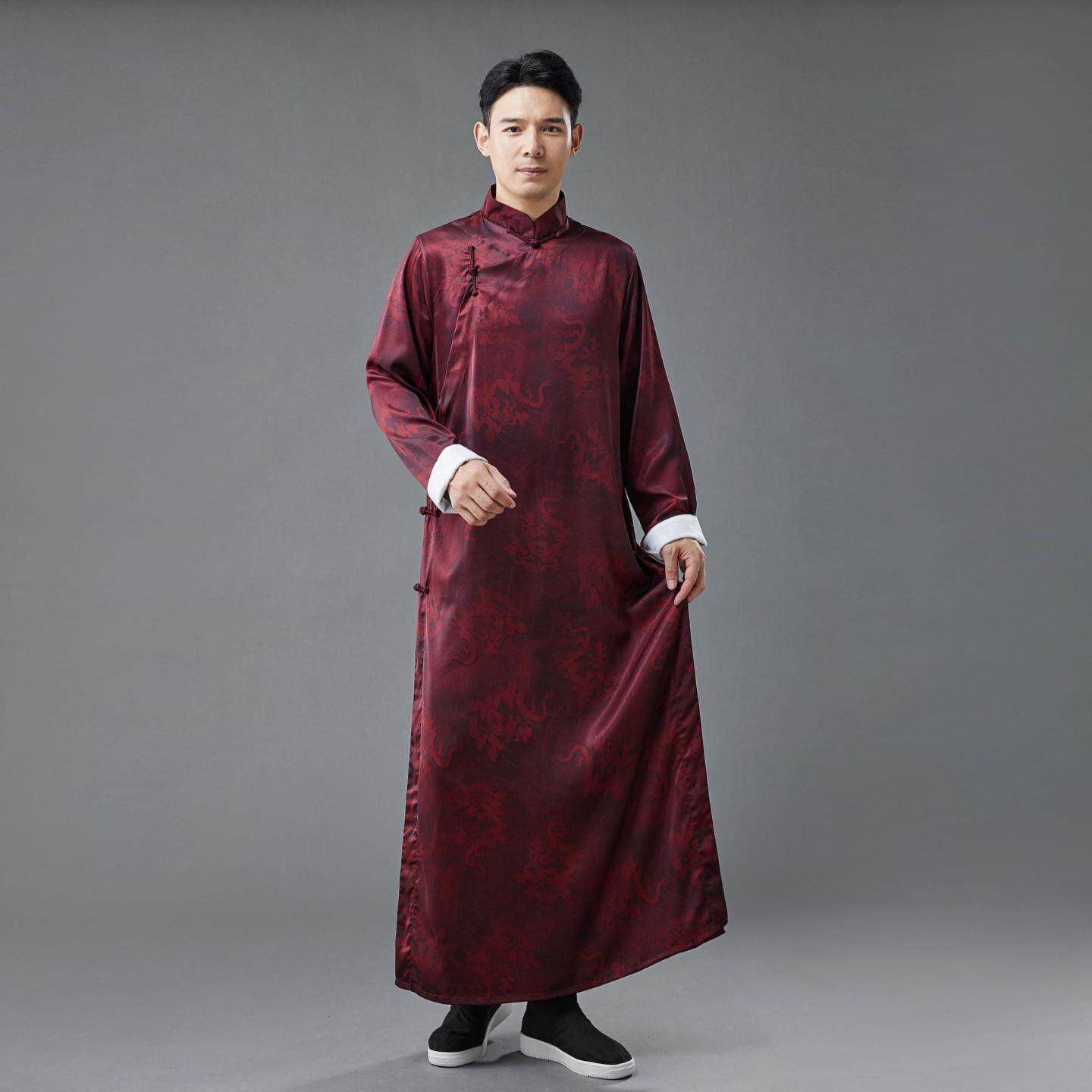 中国风丝缎印花唐服长衫｜垂感佳
