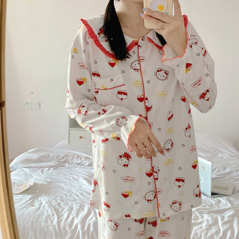 可爱hellokitty猫纯棉睡衣女日系甜美春秋季长袖女学生家居服套装