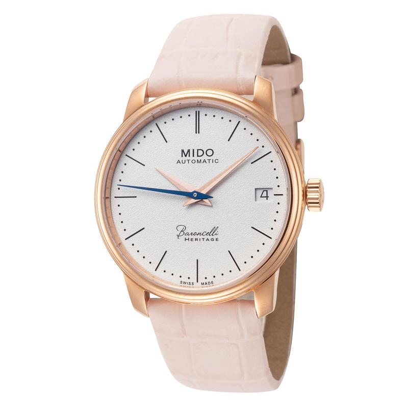Mido美度女士腕表自动上链日期显示防水蓝针皮带玫瑰金白盘33mm