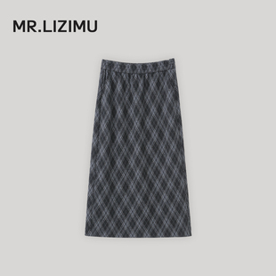 李子木先生休闲复古格子毛呢半身裙女新款A字松紧腰中长显瘦半裙
