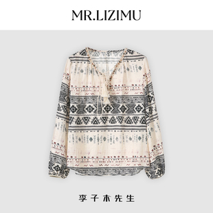 李子木先生民族风印花长袖衬衫女2025夏新款宽松百搭长袖上衣小衫