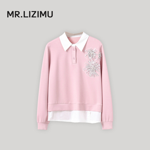 李子木先生春款 高级感刺绣假两件百搭上衣 休闲翻领卫衣女2026新款