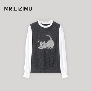 减龄百搭上衣小衫 新款 女2026春季 李子木先生假两件卡通拼色针织衫