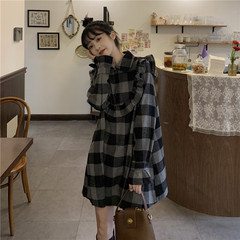 Real price Korean loose black gray Plaid Design zipper collar Long Sleeve Dress